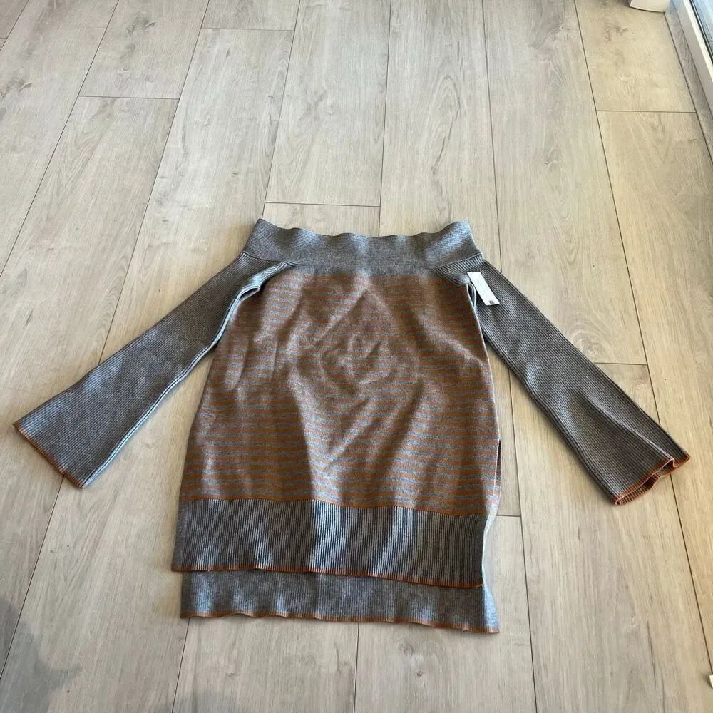 Anthropologie Elise Gray Orange Stripe Sweater Tunic Off the Shoulder size s